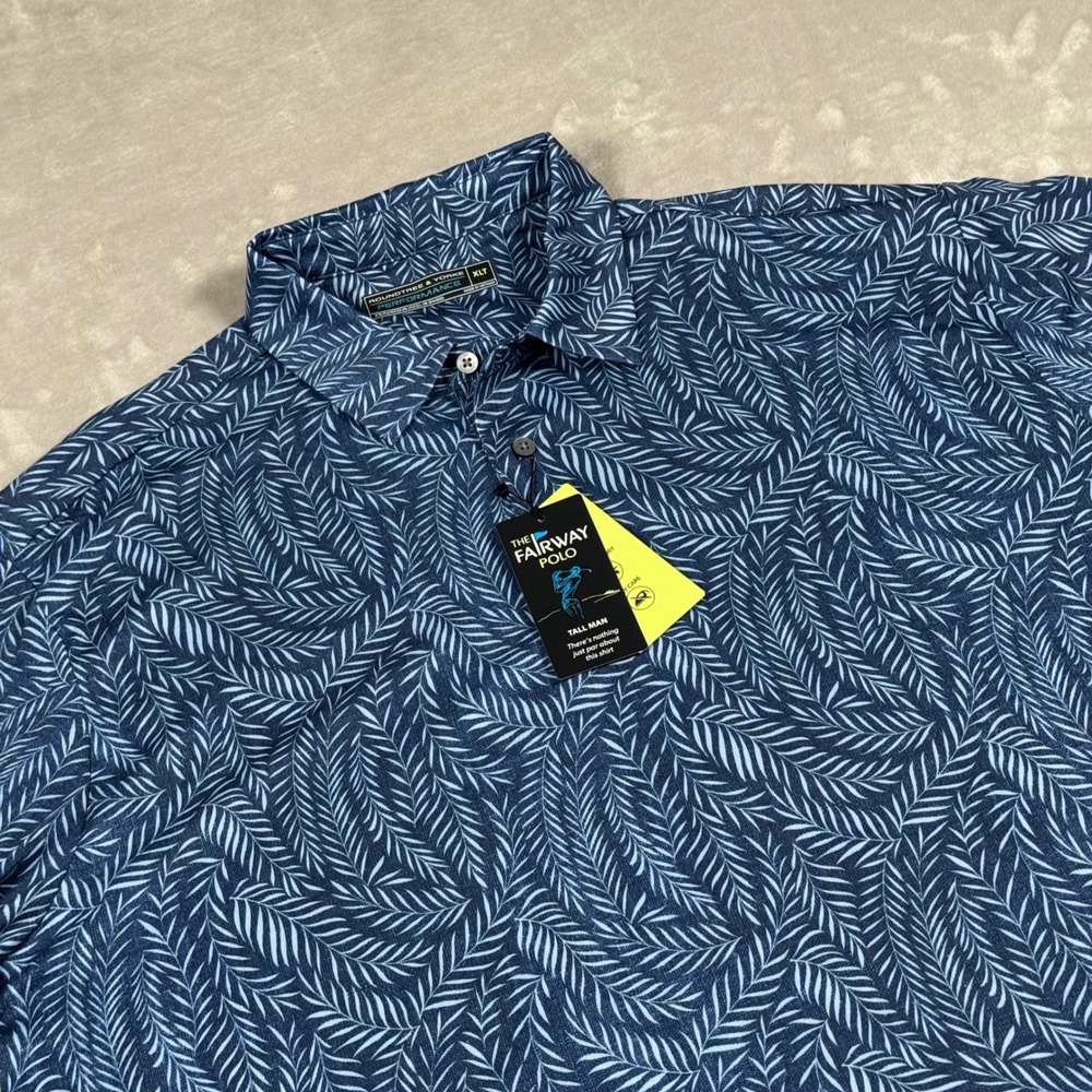 Roundtree & Yorke Polo Shirt Mens XLT Blue Leaf Print Performance Golf Tall